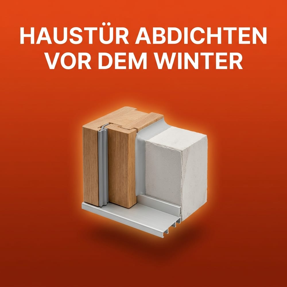 Schnittmodell einer Haustür-Rahmenecke mit grauer Falzdichtung in der Nut, glatt gezogener Anschlussfuge zum verputzten Mauerwerk und Aluminium-Schwellenprofil – schwebend vor warmem AMPHA-Farbverlauf.