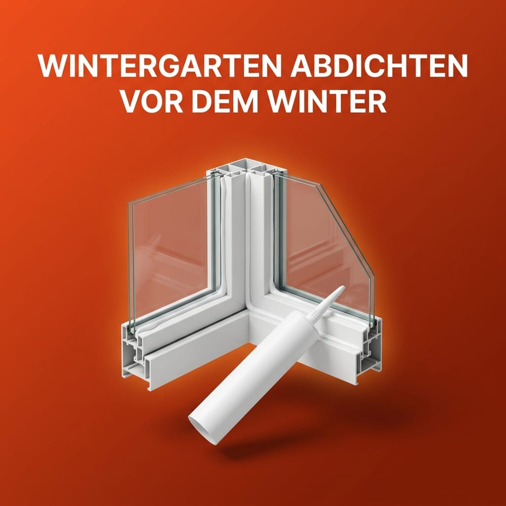 Eckstück eines weißen Wintergartenprofils mit klarer Glasscheibe und frisch gezogener Dichtstofffuge, davor eine schlichte Kartusche – schwebend vor warmem AMPHA-Farbverlauf.
