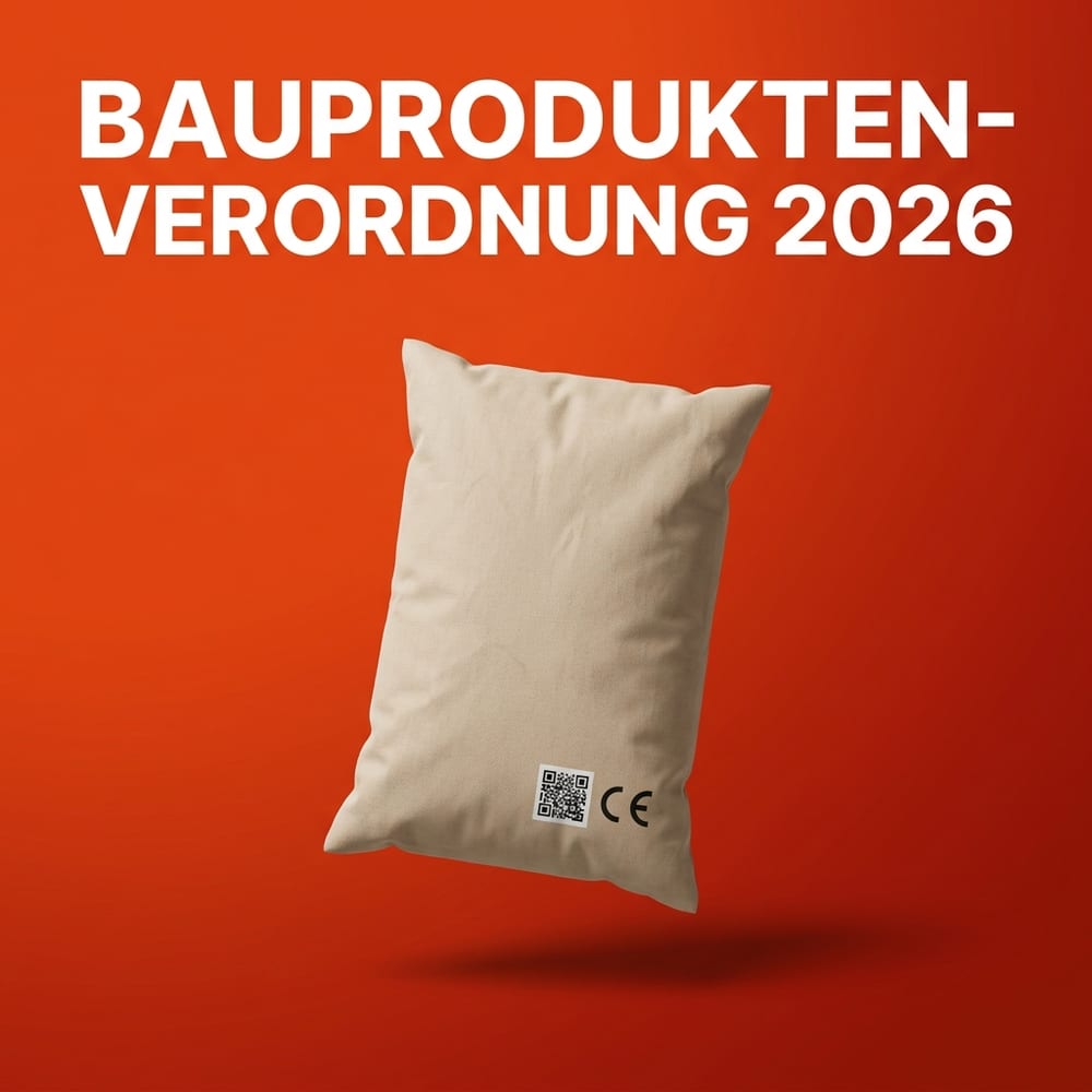 Neutraler, markenloser Bauprodukt-Sack mit angedeutetem QR-Code-Etikett und CE-Zeichen, schwebend vor warmem AMPHA-Farbverlauf – Symbol für den digitalen Produktpass der Bauproduktenverordnung 2026.