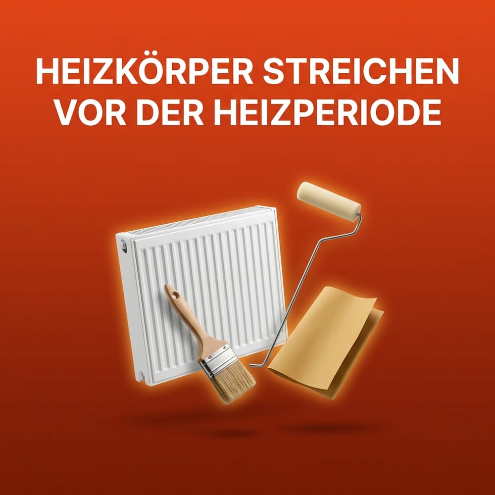 Weißer Flachheizkörper mit abgewinkeltem Heizkörperpinsel, schmaler Lackierwalze am langen Heizkörperbügel und gefaltetem Schleifpapier – schwebend vor warmem AMPHA-Farbverlauf.
