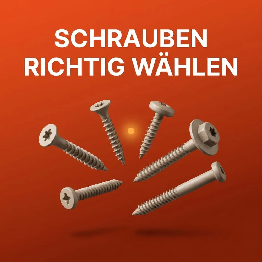Mehrere neutrale, markenlose Schrauben verschiedener Bauart – Senkkopf mit TX-Antrieb, Pan-Head und Tellerkopf, Voll- und Teilgewinde – schwebend vor warmem AMPHA-Farbverlauf.