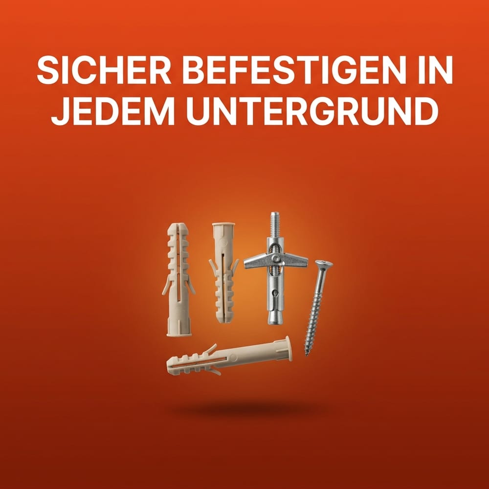 Mehrere neutrale, markenlose Dübeltypen und eine Schraube schwebend vor warmem AMPHA-Farbverlauf – Spreiz-, Universal-, Hohlraum- und Rahmendübel im Vergleich.