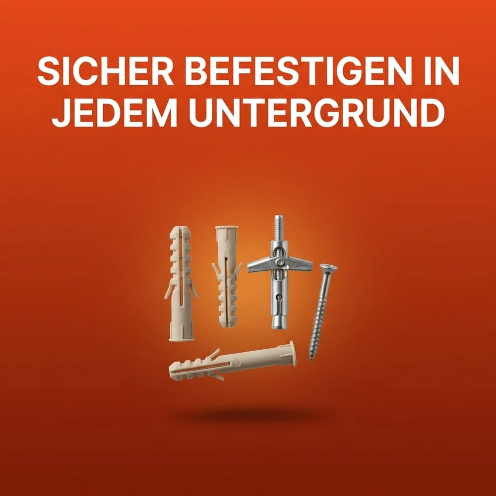 Mehrere neutrale, markenlose Dübeltypen und eine Schraube schwebend vor warmem AMPHA-Farbverlauf – Spreiz-, Universal-, Hohlraum- und Rahmendübel im Vergleich.