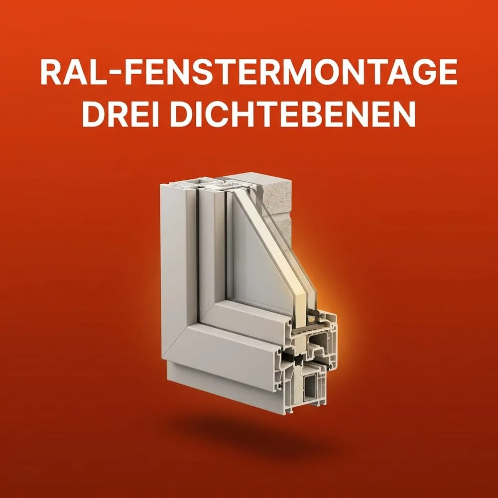 Querschnitt einer Fensteranschlussfuge mit drei farblich abgesetzten Dichtebenen – innen, Dämmschaum und außen – vor warmem AMPHA-Farbverlauf.