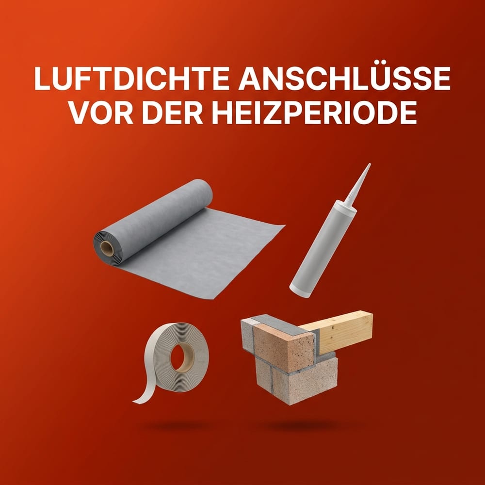 Aufgerollte Luftdichtheitsbahn, Kartusche mit Dichtstoff, Rolle Dichtband und ein Eckstück Mauerwerk mit Holzbalken – schwebend vor warmem AMPHA-Farbverlauf.