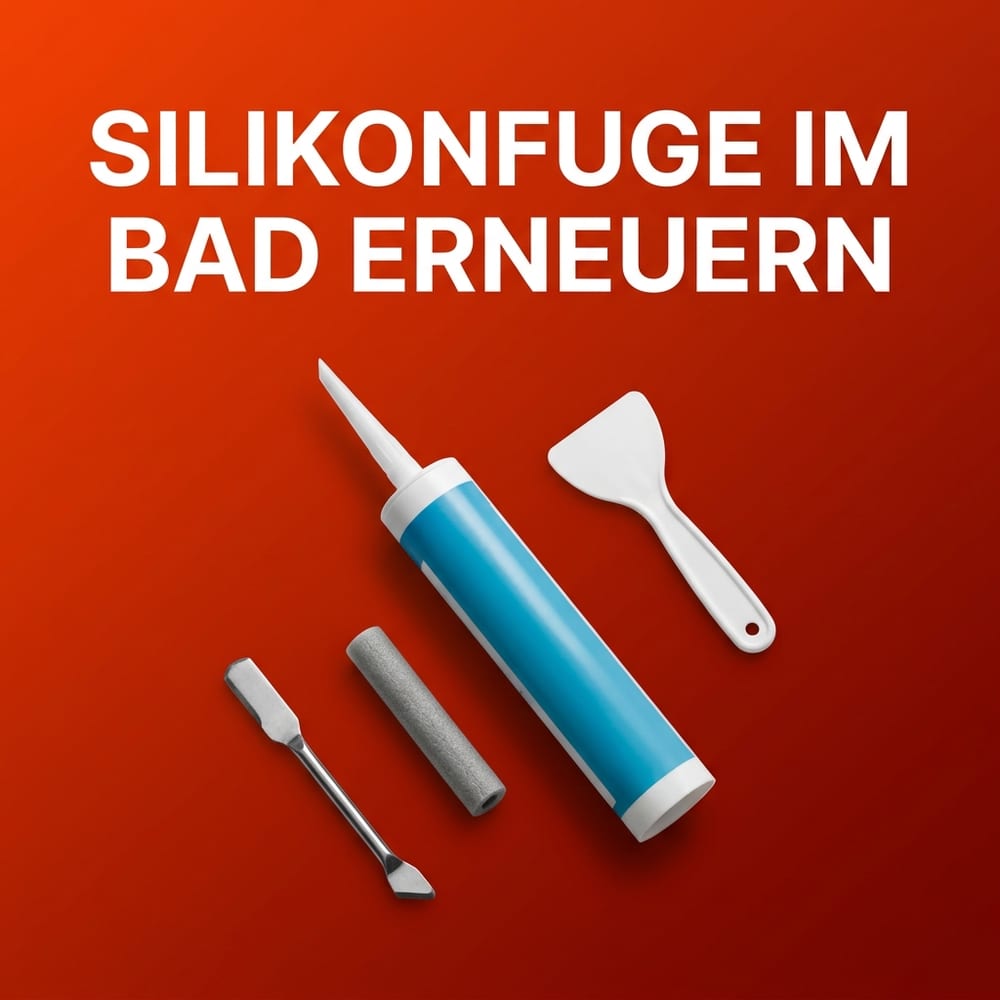 Kartusche Sanitärsilikon mit angeschnittener Düse, weißer Glättspachtel, ein Stück graues PE-Rundprofil und ein Fugenwerkzeug – schwebend vor warmem AMPHA-Farbverlauf.