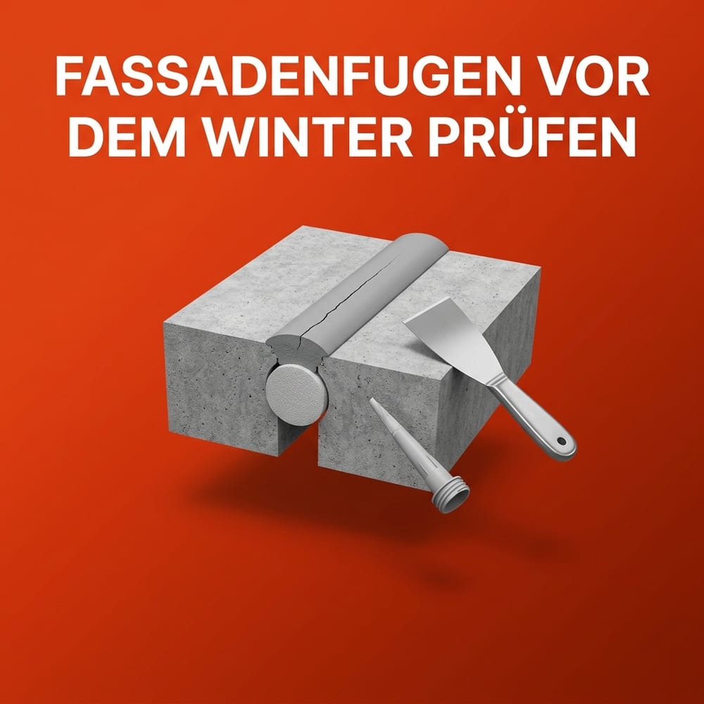 Freigestelltes Schnittstück einer Fassaden-Bewegungsfuge zwischen zwei grauen Betonelementen mit gerissener Dichtstoffraupe, runder Hinterfüllschnur, Glättspachtel und Kartuschendüse – schwebend vor warmem AMPHA-Farbverlauf.