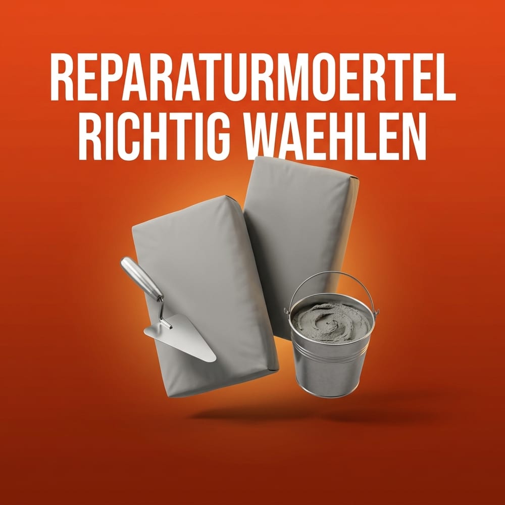 Neutrale Mörtel-Gebinde, eine Glättkelle und ein Eimer mit angemischtem Reparaturmörtel vor warmem AMPHA-Farbverlauf – verschiedene Reparaturmörtel für verschiedene Schäden.