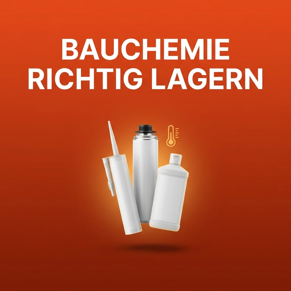 Neutrale, markenlose Bauchemie-Gebinde – Dichtstoffkartusche, PU-Schaumdose und Reinigerflasche – schwebend vor warmem AMPHA-Farbverlauf, Thema sichere Lagerung.