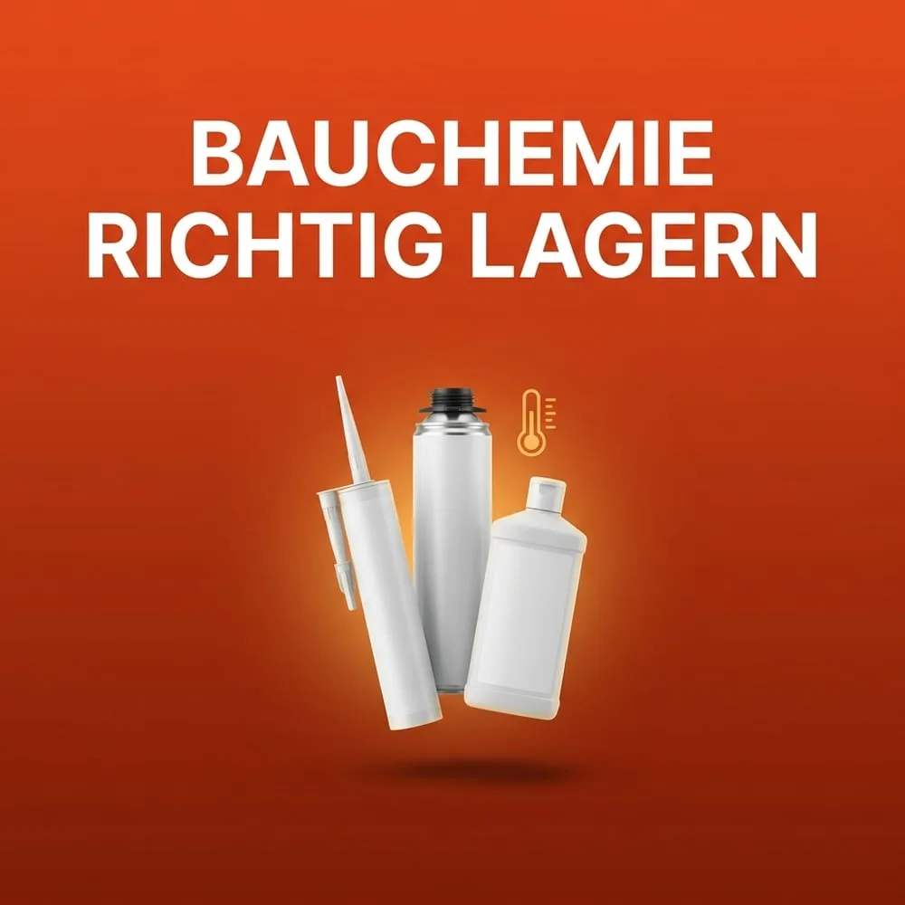 Neutrale, markenlose Bauchemie-Gebinde – Dichtstoffkartusche, PU-Schaumdose und Reinigerflasche – schwebend vor warmem AMPHA-Farbverlauf, Thema sichere Lagerung.