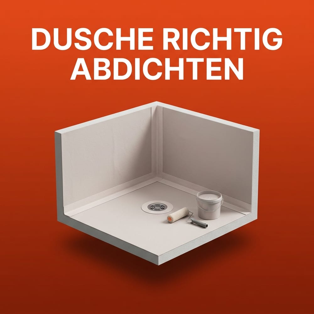 Bodengleiche Dusche mit aufgetragener Verbundabdichtung, Dichtband in der Wand-Boden-Ecke und Bodenmanschette am Ablauf vor warmem AMPHA-Farbverlauf.