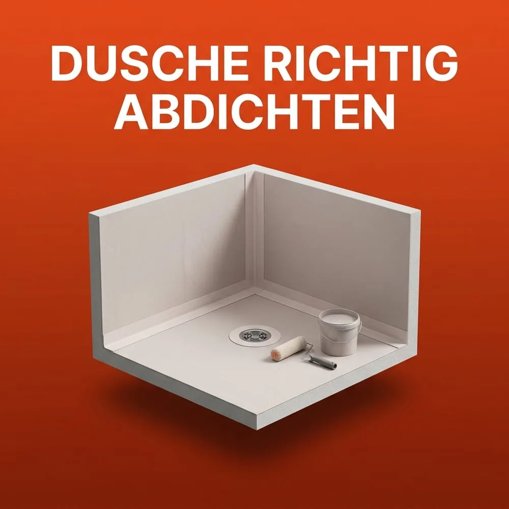 Bodengleiche Dusche mit aufgetragener Verbundabdichtung, Dichtband in der Wand-Boden-Ecke und Bodenmanschette am Ablauf vor warmem AMPHA-Farbverlauf.