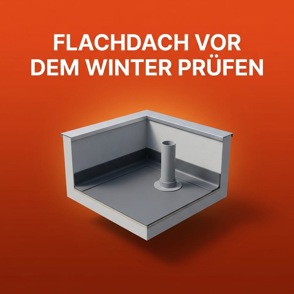 Ausschnitt eines Flachdachs mit an der Wand hochgeführter Abdichtung, metallenem Wandanschlussprofil und einem Entlüftungsrohr – schwebend vor warmem AMPHA-Farbverlauf.