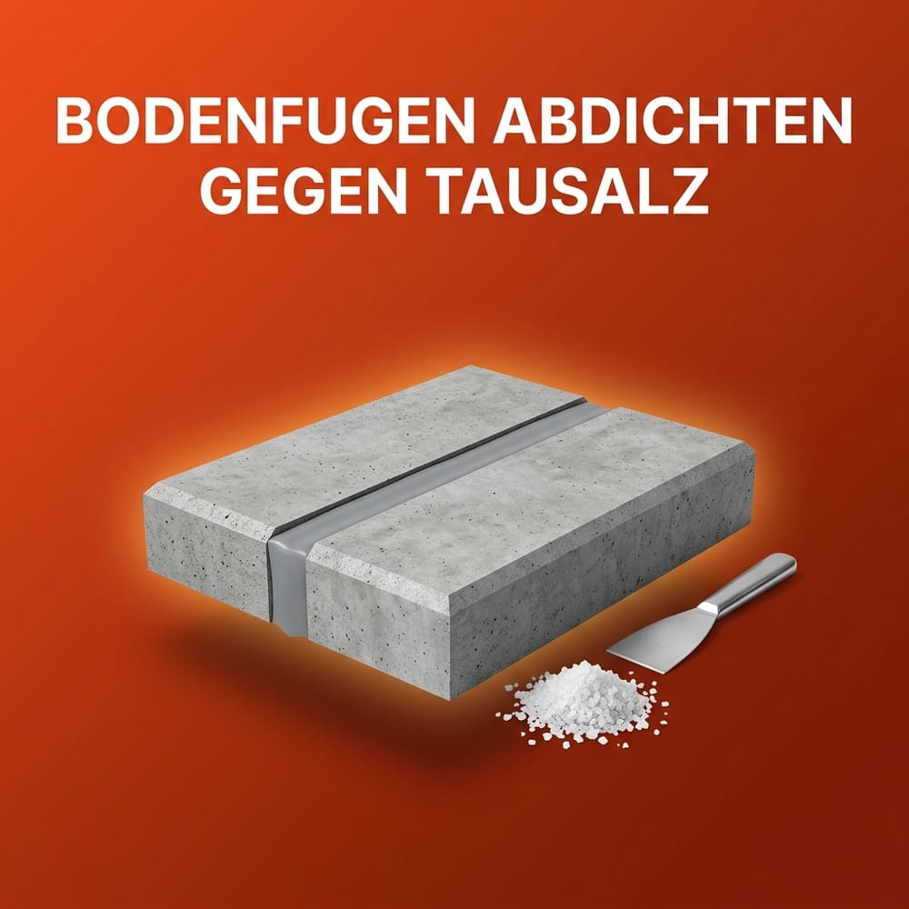 Querschnitt durch eine Betonbodenplatte mit grau versiegelter, leicht vertiefter Bodenfuge, daneben ein kleines Häufchen grober Salzkristalle und ein Fugenglätter aus Edelstahl – schwebend vor warmem AMPHA-Farbverlauf.