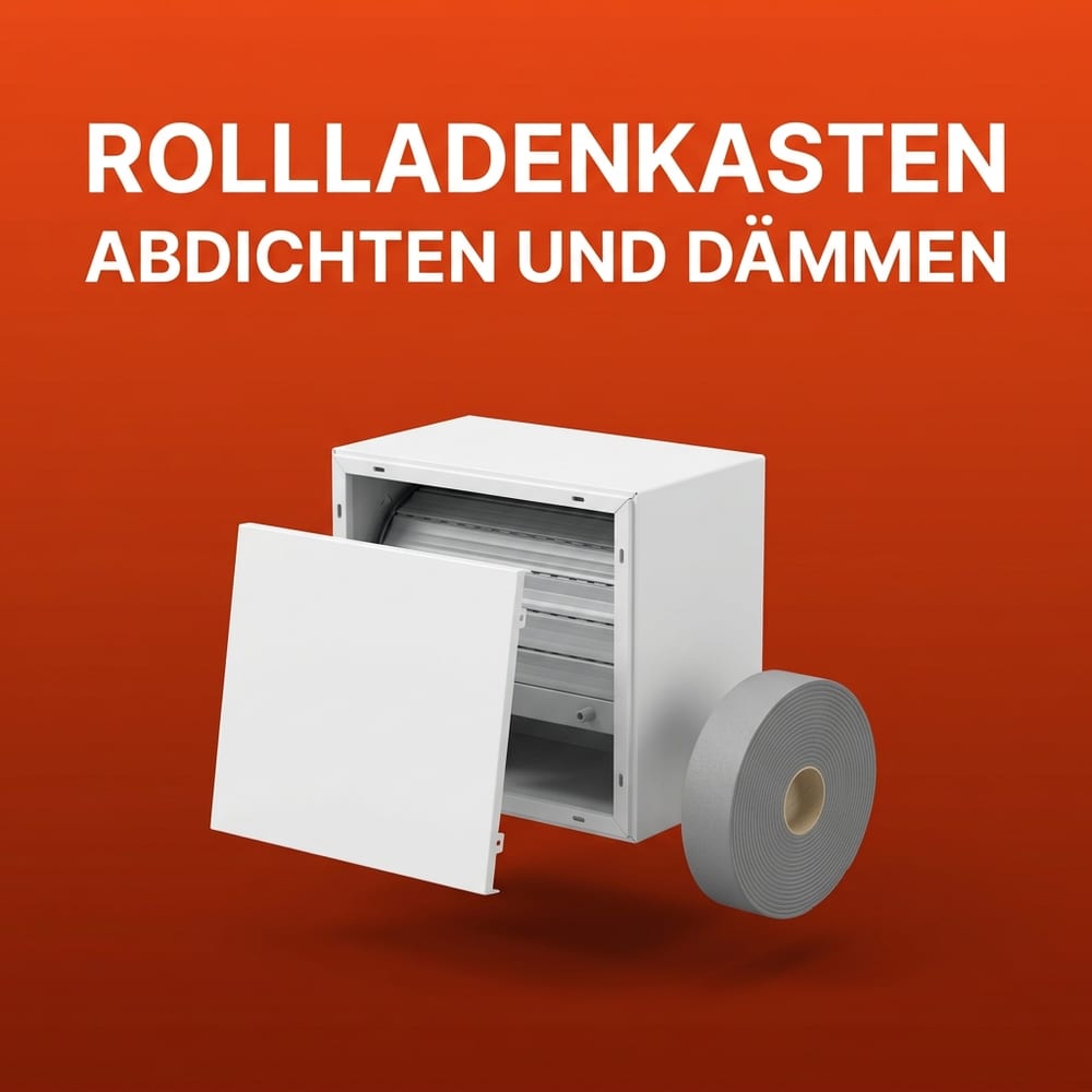 Weißer Rollladenkasten mit sichtbar aufgewickeltem grauem Rollladenpanzer, der abgenommene Revisionsdeckel schwebt davor, daneben eine Rolle graues Schaumstoff-Dichtband – vor warmem AMPHA-Farbverlauf.