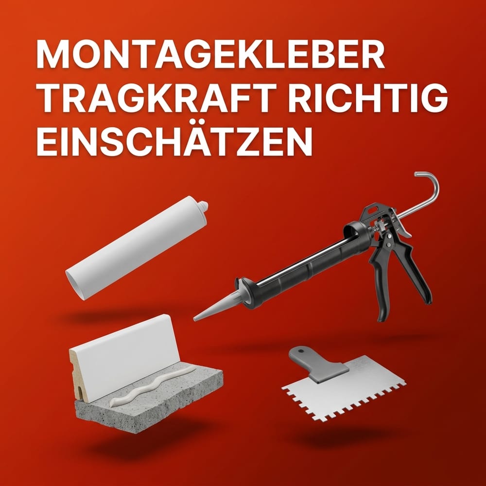 Kartusche mit Montageklebstoff, Handkartuschenpresse mit abgeschrägter Düse, eine geklebte Sockelleiste an einem Betonbruchstück und ein Zahnspachtel – schwebend vor warmem AMPHA-Farbverlauf.