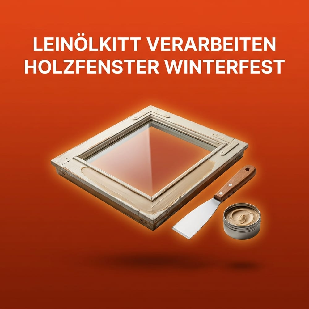 Eckstück eines hölzernen Fensterflügels mit Glasscheibe und frisch gezogener beiger Kittfase, daneben ein Kittmesser mit polierter Stahlklinge und eine offene, unbeschriftete Dose Leinölkitt – schwebend vor warmem AMPHA-Farbverlauf.