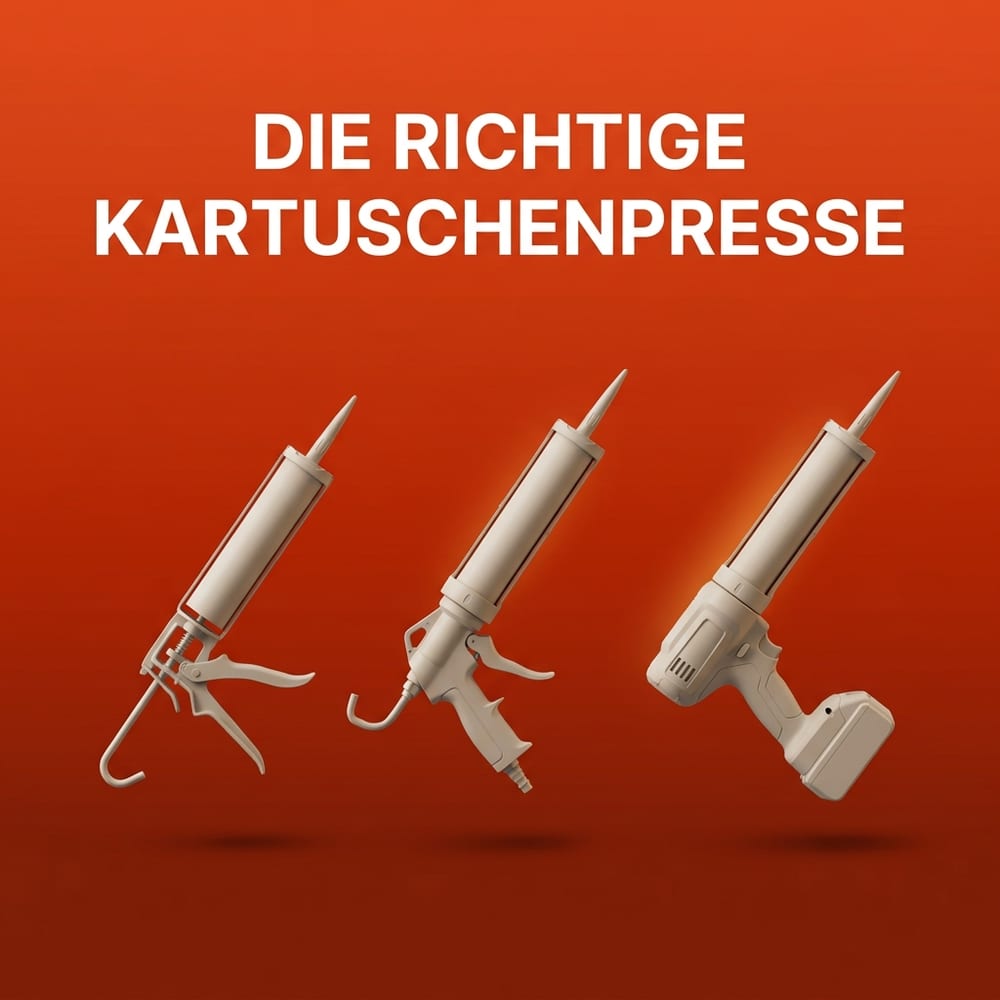 Drei neutrale, markenlose Kartuschenpressen – manuell, pneumatisch und Akku – schwebend vor warmem AMPHA-Farbverlauf.
