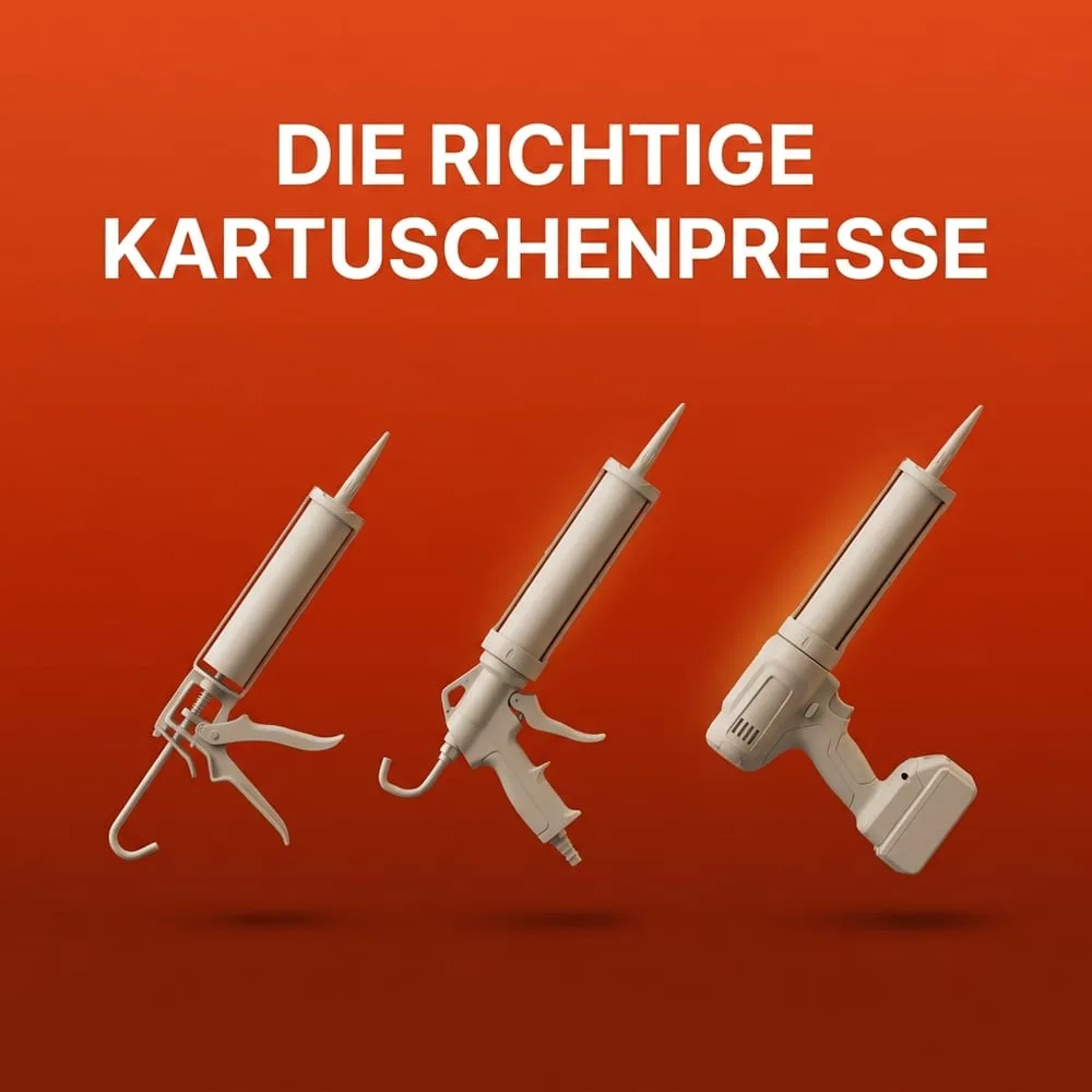 Drei neutrale, markenlose Kartuschenpressen – manuell, pneumatisch und Akku – schwebend vor warmem AMPHA-Farbverlauf.