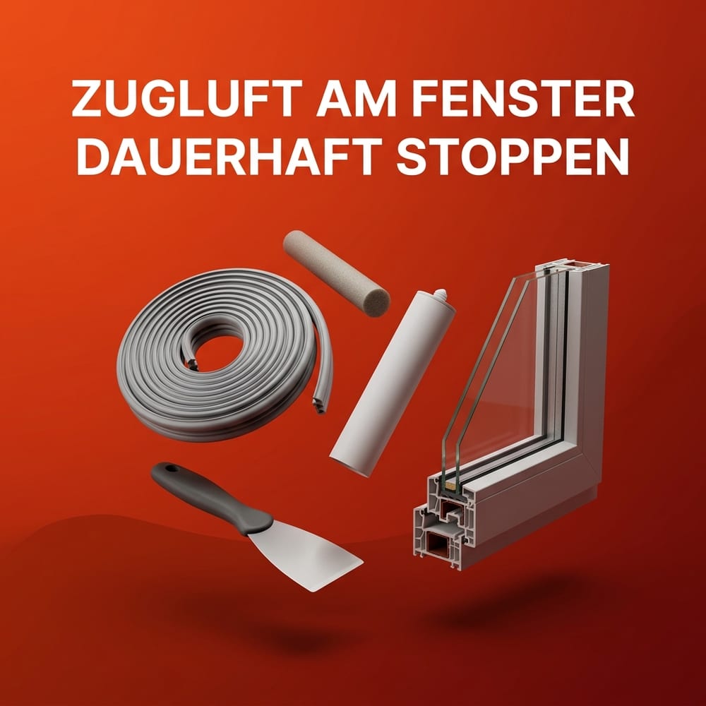 Umlaufendes graues Fensterdichtungsprofil, ein Stück Rundschnur, eine Kartusche ohne Beschriftung und ein Glättspachtel vor einem Ausschnitt aus Fensterflügel und Glasrand – schwebend vor warmem AMPHA-Farbverlauf.