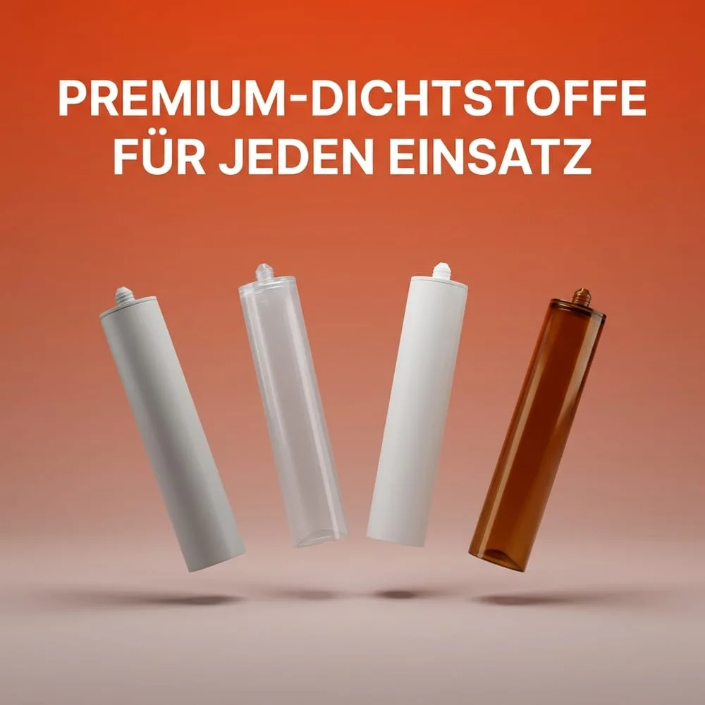 Vier neutrale, markenlose Spezial-Dichtstoff-Kartuschen schwebend vor warmem AMPHA-Farbverlauf – Premium-Produktlinien für Naturstein, Glas, Sanitär und Hochbau.