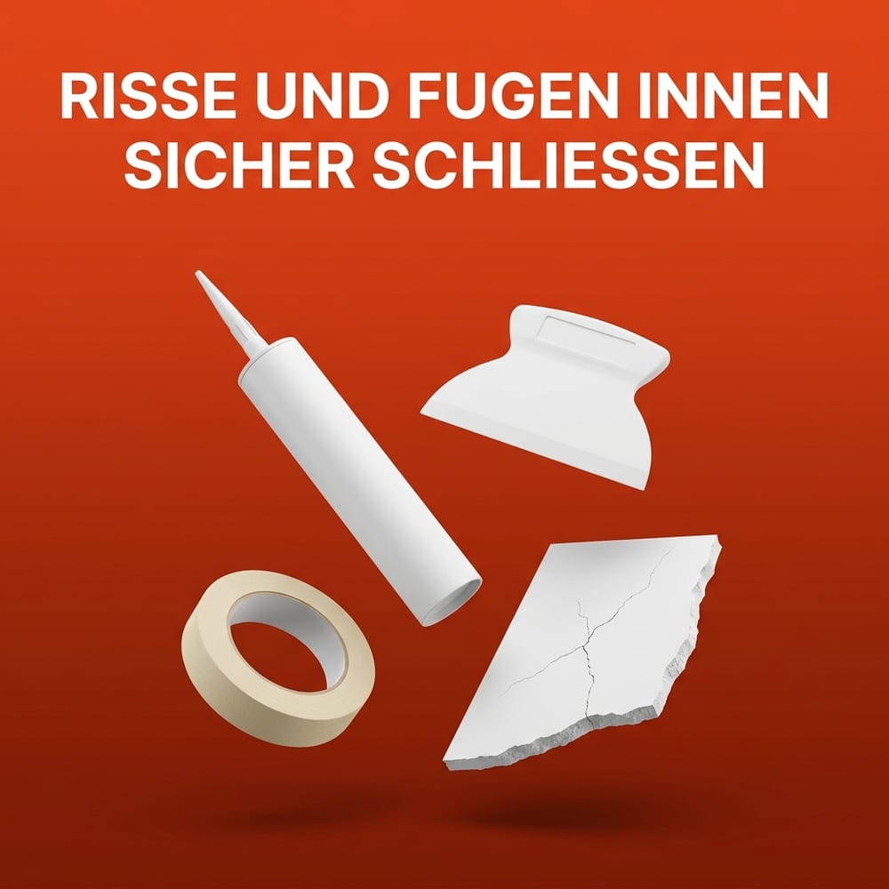 Unbedruckte weiße Dichtstoffkartusche mit angeschnittener Düse, Glättspachtel, Rolle Malerkrepp und ein Bruchstück Innenputz mit feinem Riss – schwebend vor warmem AMPHA-Farbverlauf.