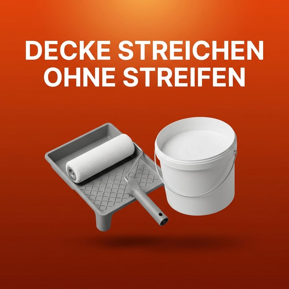 Farbwalze mit weißer Wandfarbe auf einem grauen Abstreifgitter, daneben ein offener, unbeschrifteter Eimer mit weißer Farbe – schwebend vor warmem AMPHA-Farbverlauf.