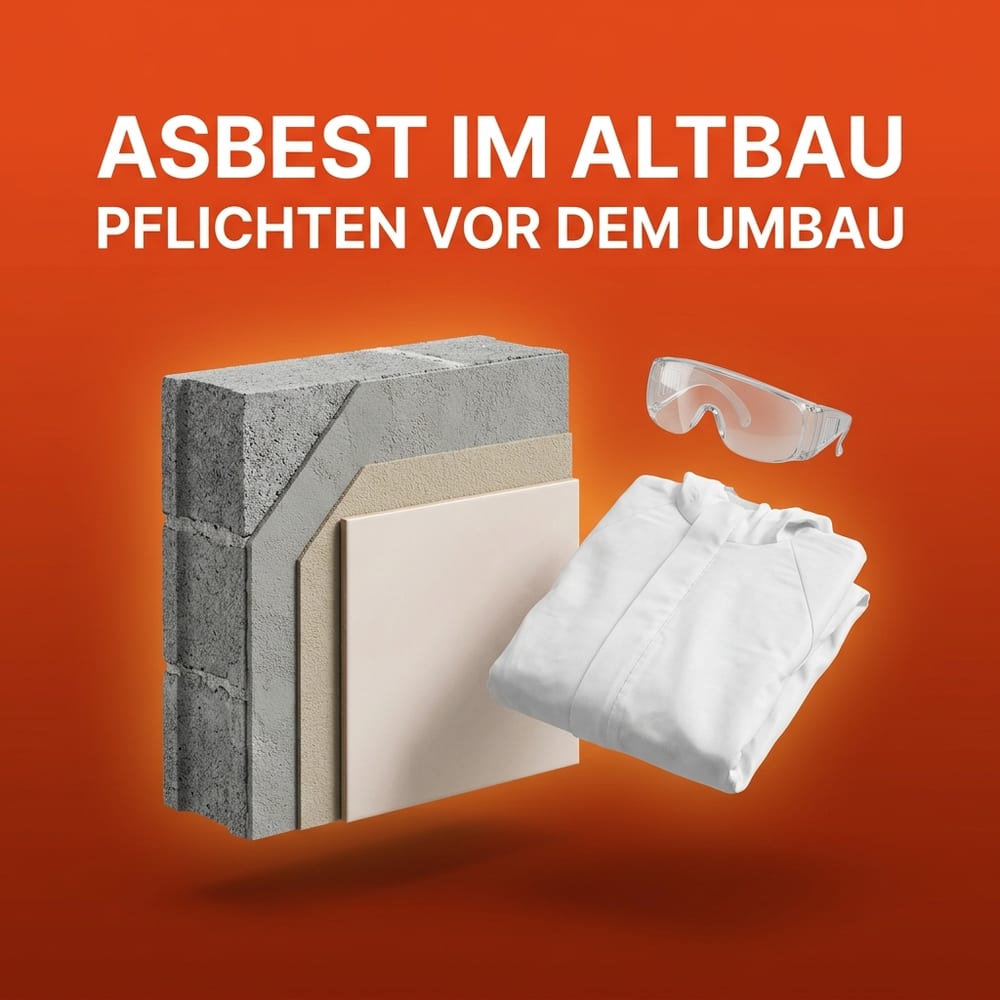 Aufgeschnittener Altbau-Wandquerschnitt mit Mauerwerk, grauer Putzschicht, dünnem Fliesenkleberbett und einer hellen Wandfliese, daneben ein gefalteter weißer Einweg-Schutzoverall und eine klare Schutzbrille – schwebend vor warmem AMPHA-Farbverlauf.
