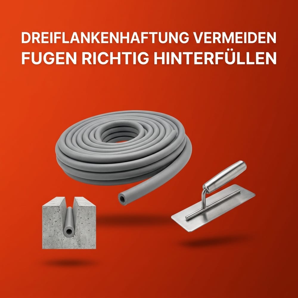 Aufgerollte graue PE-Rundschnur, ein abgeschnittenes Stück des Rundprofils, ein Betonfugen-Querschnitt mit eingelegter Schnur und ein Fugenglätter aus Edelstahl – schwebend vor warmem AMPHA-Farbverlauf.