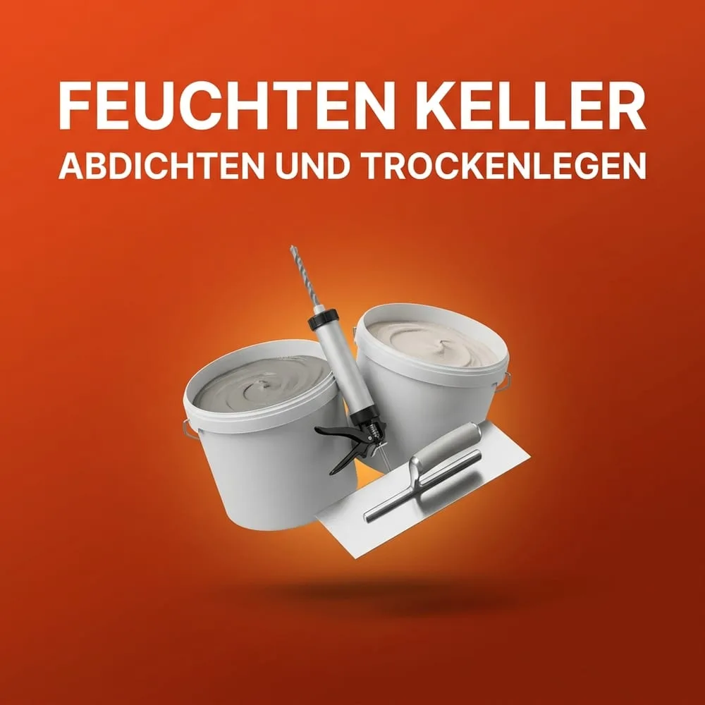Markenlose Eimer mit Dichtungsschlämme und Sanierputz, eine Bohrloch-Injektionsspritze und eine Glättkelle vor warmem AMPHA-Farbverlauf – Systeme zum Abdichten und Trockenlegen eines feuchten Kellers.