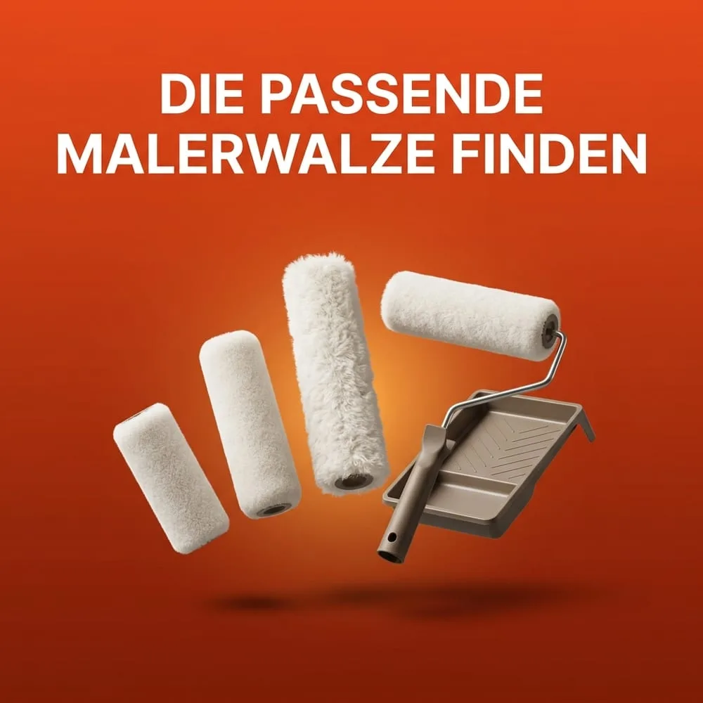 Mehrere neutrale Malerwalzen mit unterschiedlicher Florhöhe und ein Walzenbügel vor warmem AMPHA-Farbverlauf – die richtige Malerwalze nach Untergrund und Farbe wählen.