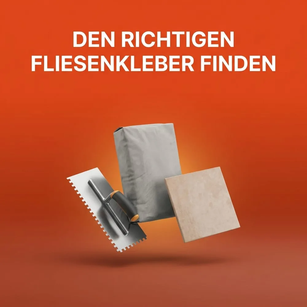 Neutrale Glättkelle mit Zahnung, ein Sack Dünnbettmörtel und eine keramische Fliese vor warmem AMPHA-Farbverlauf – Fliesenkleber richtig wählen.