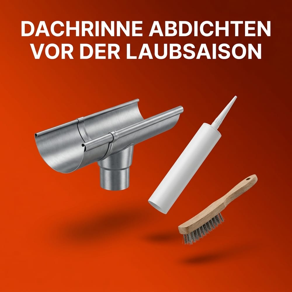 Kurzes Stück einer halbrunden Zink-Dachrinne mit sichtbarer Längsnaht und Ablaufstutzen, daneben eine unbedruckte Dichtstoffkartusche mit angeschnittener Düse und eine kleine Drahtbürste – schwebend vor warmem AMPHA-Farbverlauf.