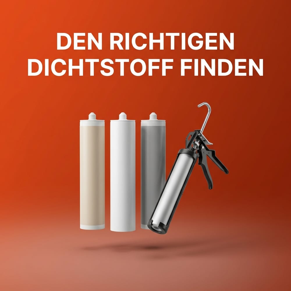 Drei neutrale Dichtstoff-Kartuschen und eine Kartuschenpresse vor warmem AMPHA-Farbverlauf – Silikon, Acryl und Hybrid im Vergleich.
