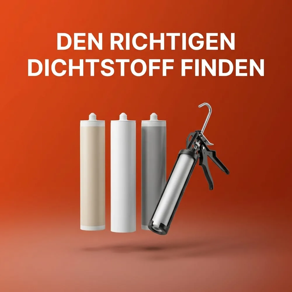 Drei neutrale Dichtstoff-Kartuschen und eine Kartuschenpresse vor warmem AMPHA-Farbverlauf – Silikon, Acryl und Hybrid im Vergleich.