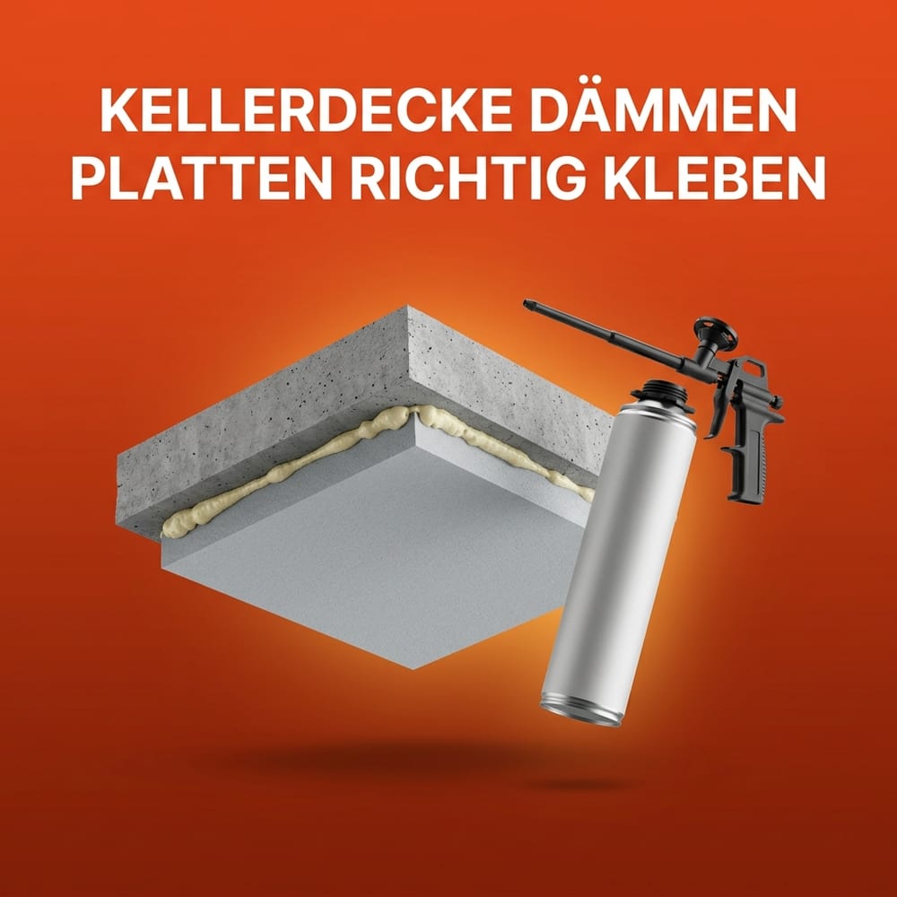 Querschnitt einer Betondecke mit von unten angeklebter hellgrauer Dämmplatte und sichtbaren Klebeschaumsträngen, daneben eine Schaumdose ohne Aufdruck mit aufgesetzter Schaumpistole – schwebend vor warmem AMPHA-Farbverlauf.